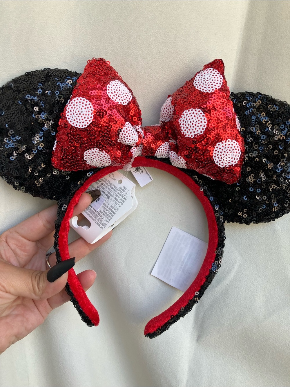 Disney Black Sequin Minnie Ear Headband with Red Polka Dot Bow